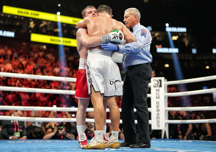 After 36 rounds in five years, Alvarez and Golovkin embrace after the unanimous decision.